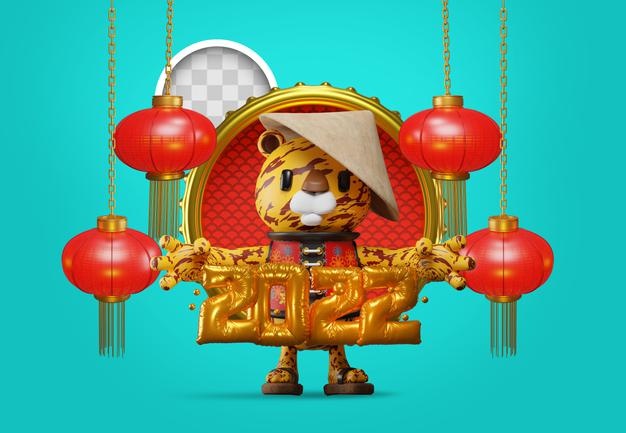 2022 chinese new year background with lamps. 3d illustration