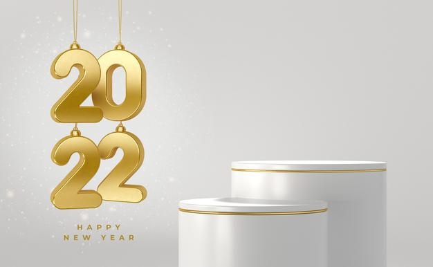 Banner new year 2022 3d render template design podium realistic
