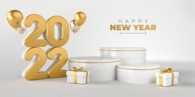 Banner new year 2022 3d render template design podium realistic