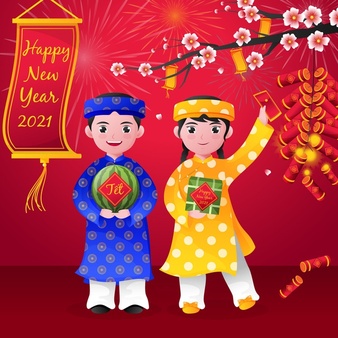 Characters and lucky money happy vietnamese new year 2021