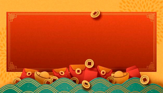 Chinese new year banner with gold ingot and red envelopes elements in paper art style
