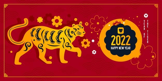 Chinese tiger 2022 zodiac horizontal banner with red and gold colors and happy new year description illustration