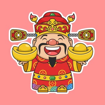 Cute chinese new year fortune god holding two gold money