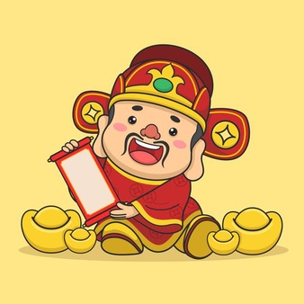 Cute chinese new year fortune god sitting and holding money