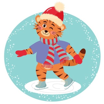 Cute tiger is skating in hat and scarf. christmas or new year vector card.