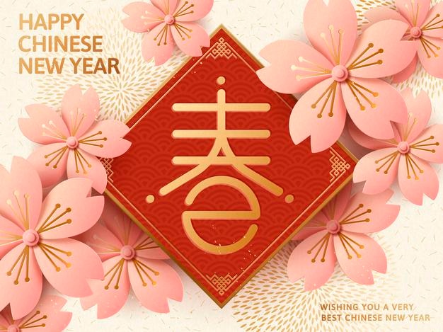 Elegant chinese new year design, spring couplet with light pink flowers