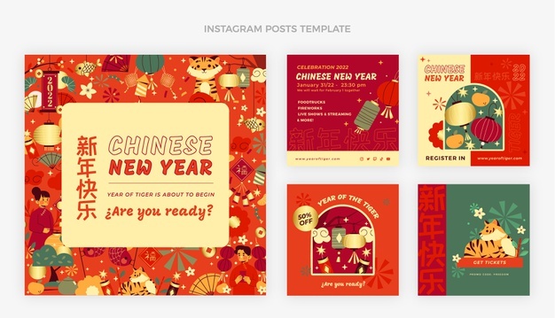 Flat chinese new year instagram posts collection Free Vector