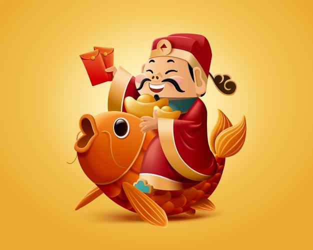God of wealth rides on lucky carp and holds red packet illustration