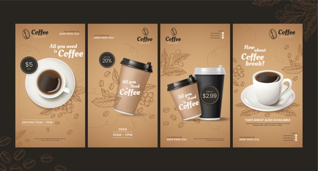 Hand drawn engraving coffee shop instagram stories Free Vector