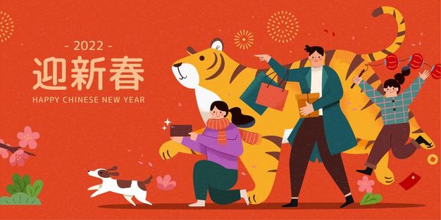 Happy chinese new year illustration. cute family go cny shopping with large tiger Premium Vector