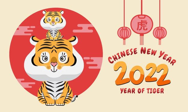Happy new year, chinese new year, 2022, year of the tiger, cartoon character, cute flat design (translate : tiger )
