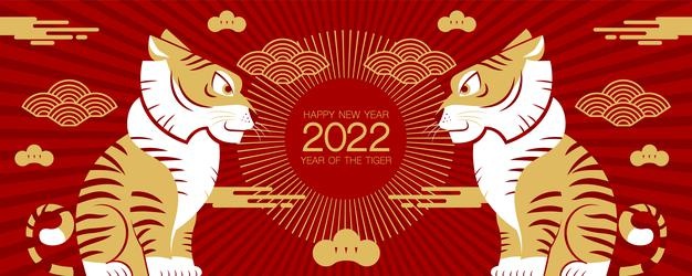 Happy new year, chinese new year, 2022, year of the tiger, cartoon character, royal tiger,  flat design (translate : tiger, chinese new year )