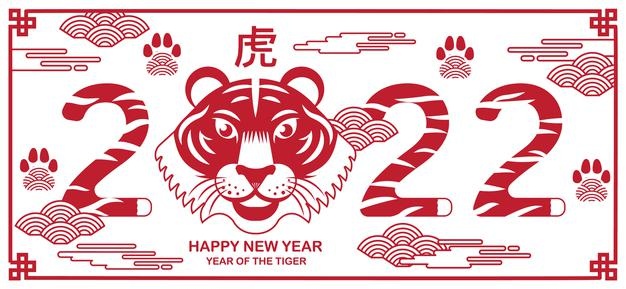 Happy new year, chinese new year 2022, year of the tiger, cartoon character, royal tiger. flat design.