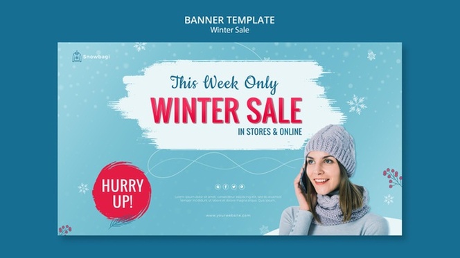 Horizontal banner for winter sale with woman and snowflakes
