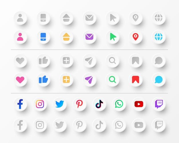Icons and social media logos collection for business cards and websites in neumorphism styl