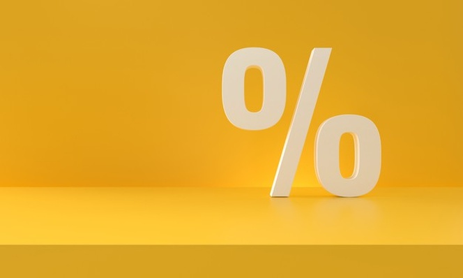 Percent discount symbol yellow background. sale and shopping concept. 3d rendering.