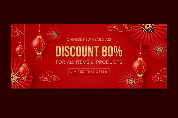 Realistic chinese new year sale horizontal banner Free Vector