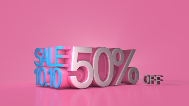 Sale banner 1010 50 percent off on a pink background big sale mega sale flash sale 3d rendering