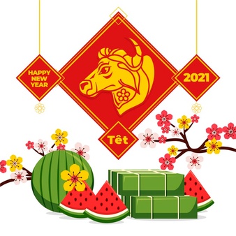 Tet illustration with watermelon and bull