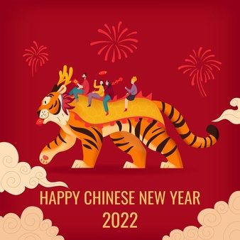 Tiger chinese zodiac composition with editable congratulating text images of clouds fireworks and people riding tiger illustration