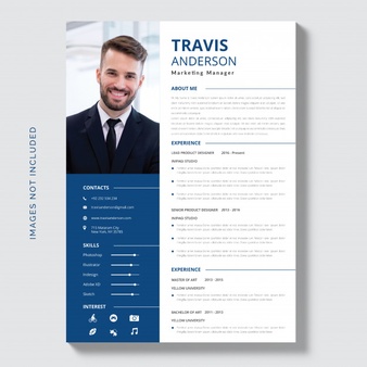 White cv template with blue and grey details