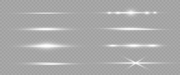 White horizontal lens flares pack. laser beams, horizontal light rays. light flares. glowing streaks on light background. luminous abstract sparkling lined background.
